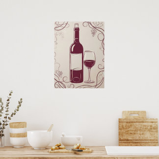 Poster Garrafa de Vinho Tinto Clássico e Copo Elegante Bo
