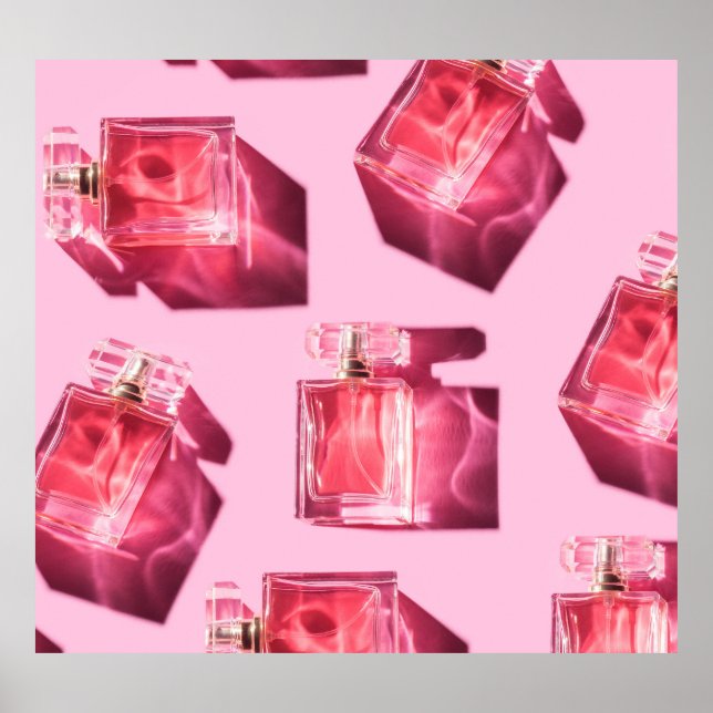 Poster Garrafas de perfume, fundo rosa, flatlay (Frente)