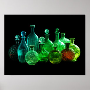 Poster Garrafas de Vidro Verde Brilhante Parede de Fundo