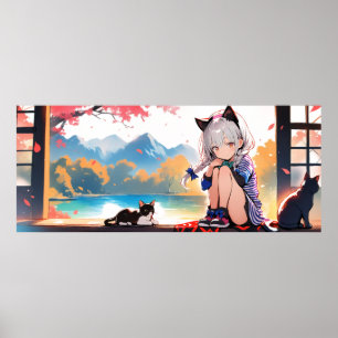 Poster Gata de anime Kawaii Tapeçaria com Sakura — Arte d