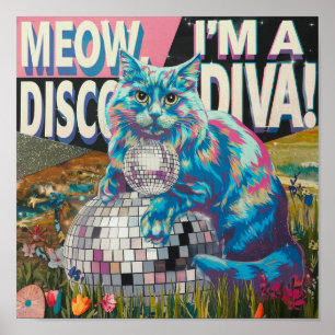Poster gata em uma bola de discoteca diva do disco