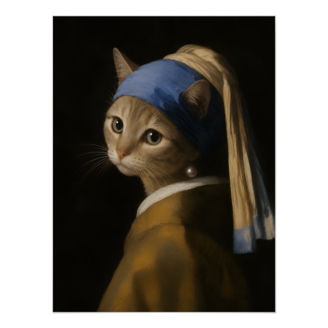 Pôster Gata Fofa Com uma Arte de Gata com Brinco de Pérol (Frente)