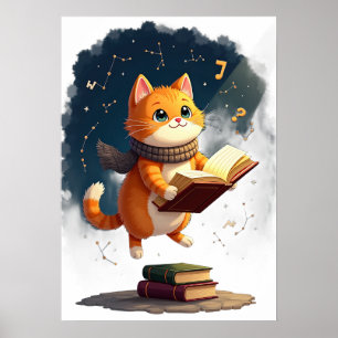 Poster Gata Minhoca Cósmica Lendo no Espaço Livro Diverti