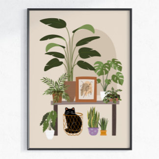 Poster Gata Preta Amante de Plantas Estética de Casa Acon