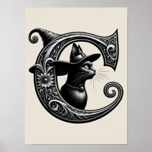 Poster Gata Preta Bruxa Bruxa Letra C Inicial Personaliza