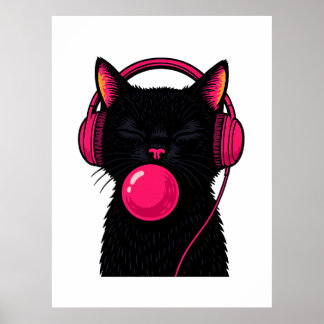 Poster Gata Preta com Fone Rosa – Minimalista Divertida