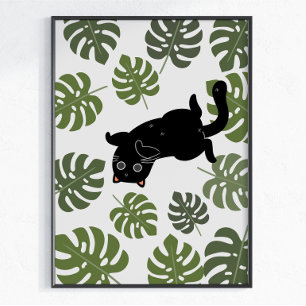Poster Gata Preta Folhas Tropicais Amante de Plantas