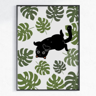 Poster Gata Preta Folhas Tropicais Amante de Plantas