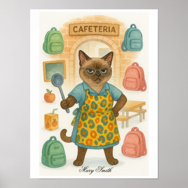 Poster Gata Siamesa Senhora do Almoço está na cafeteria (Frente)