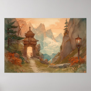 Poster Gateway de caminho da montanha de aquarelas para u