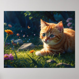 Poster *~*  Gatinha 5:4 Felino Gatinho Alcançando Flor