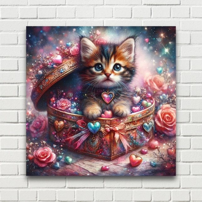 Poster Gatinho Adorável em Caixa em Forma de Coração com  (Criador carregado)