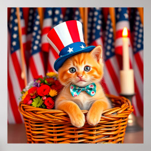 Poster Gatinho Adorável Usando Chapéu Patriótico