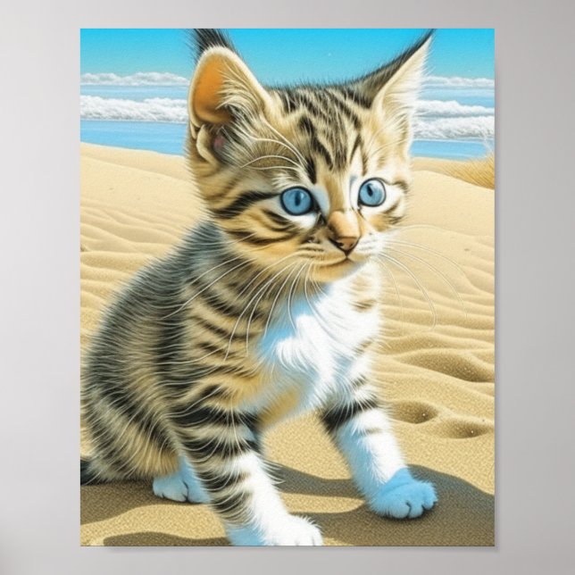 Poster Gatinho AI Tabby Cinza Brincando em uma Praia Aren (Frente)