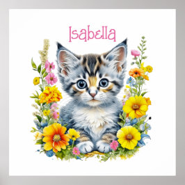Poster Gatinho Aquarela em Flores Personalizadas