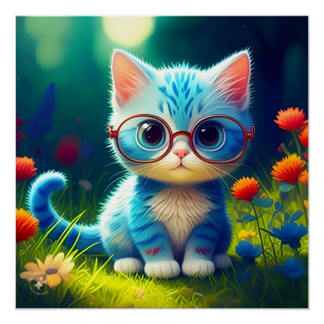 Pôster Gatinho Azul Fofo Usando Óculos-47567 (Frente)