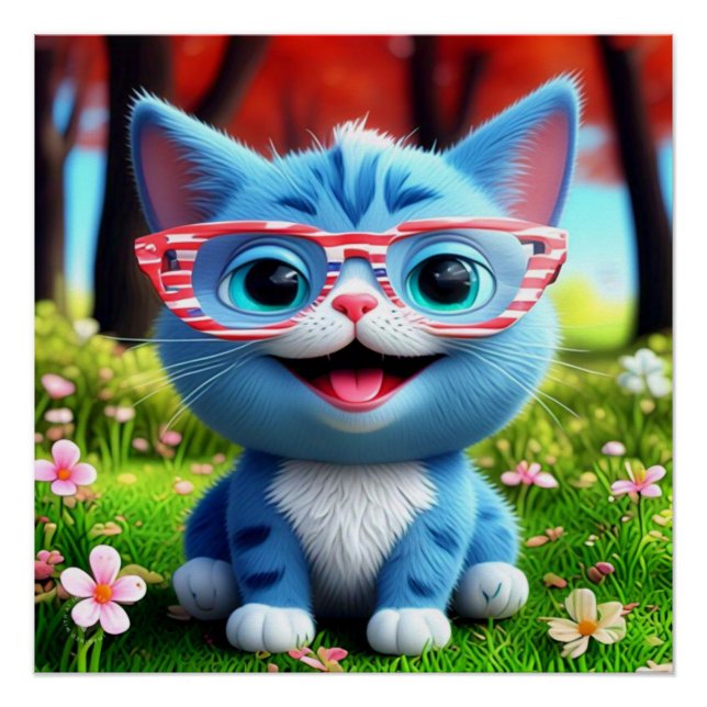 Pôster Gatinho Azul Sorridente E Bonito-556655 (Frente)