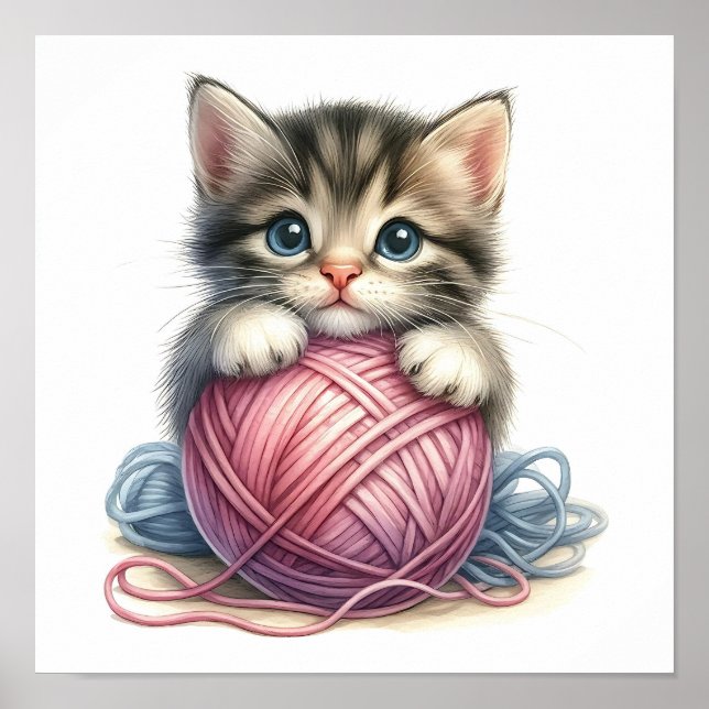 Poster Gatinho Bonito com Gato Whimsical Ball of Yarn (Frente)