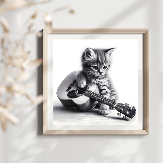 Poster Gatinho Bonito com Retrato Lápis de Violão Acústic (Criador carregado)