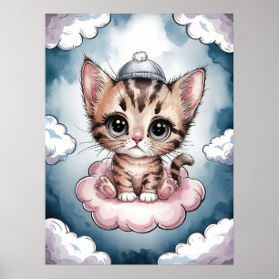 Poster Gatinho Bonito em uma Nuvem - Atraente Aquarela
