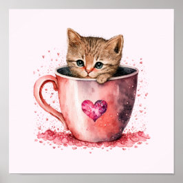 Poster Gatinho Bonito num Teacup com Corações