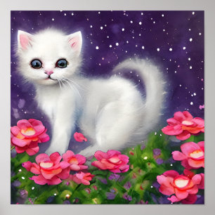 Poster Gatinho branco cercado por flores