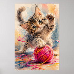 Poster Gatinho Brincando com Fio de Lã Rosa Amante de Gat