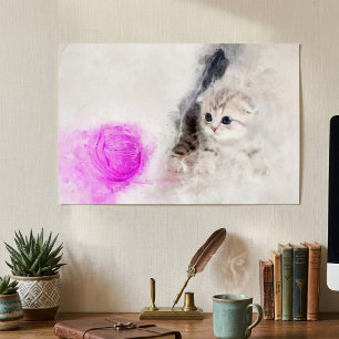 Poster Gatinho brincando com uma bola de fio rosa aquarel