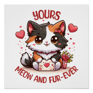 Pôster Gatinho Calico Adorável Dia dos Namorados 