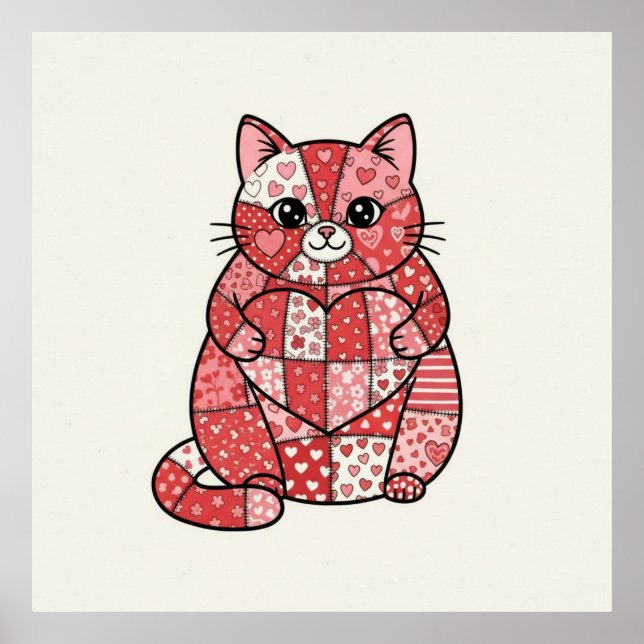 Poster Gatinho Caprichoso de Patchwork Segurando Coração  (Frente)