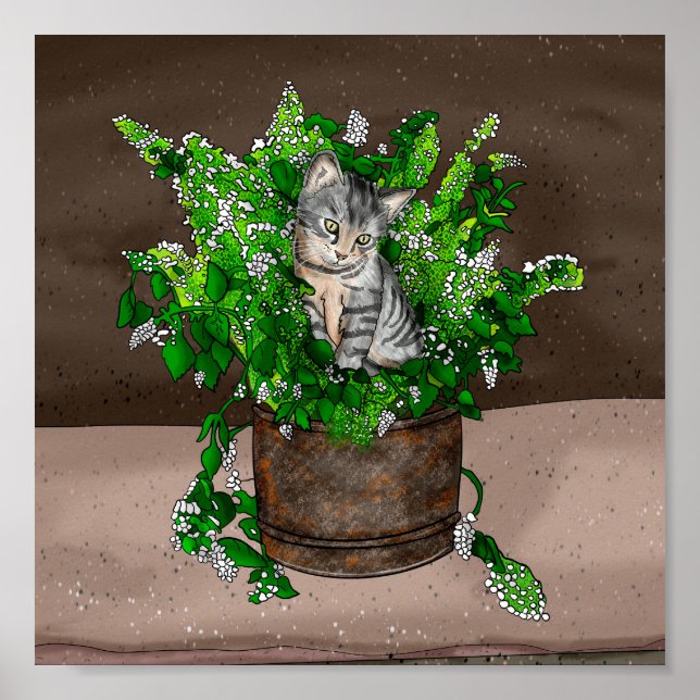 Poster Gatinho cinza em Balde de catnip (Frente)