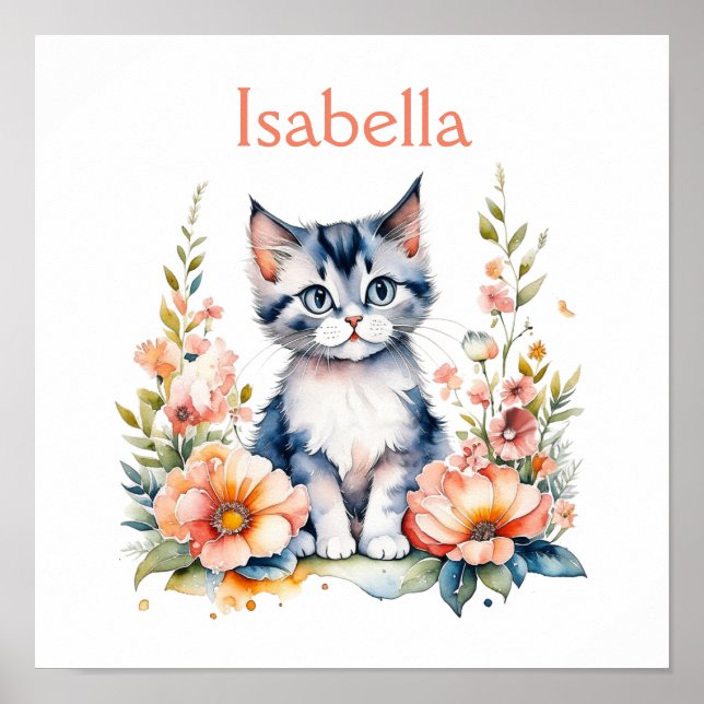 Poster Gatinho Cinza Personalizado em Flores Rosa (Frente)