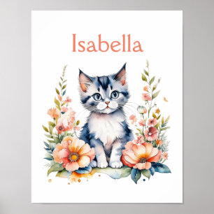 Poster Gatinho Cinza Personalizado em Flores Rosas
