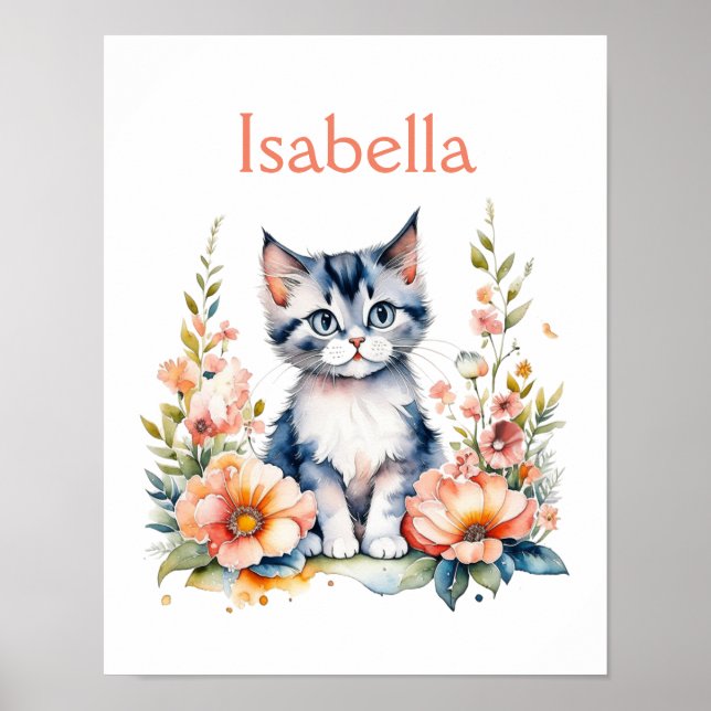 Poster Gatinho Cinza Personalizado em Flores Rosas (Frente)