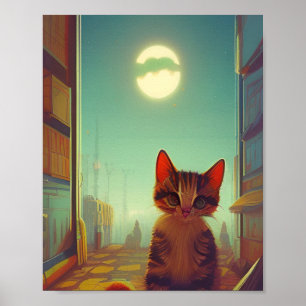 Poster Gatinho com olhos grandes cheio lua rachada sombra