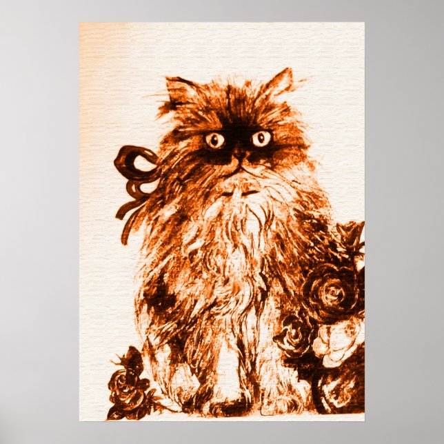 Poster GATINHO COM ROSAS ,Marrom e Branco (Frente)