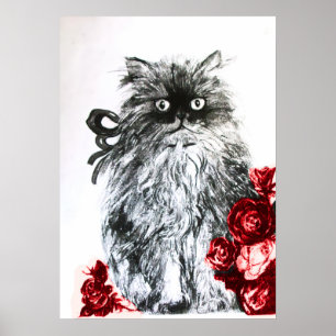Pôster GATINHO COM ROSAS, Preto Vermelho e Branco