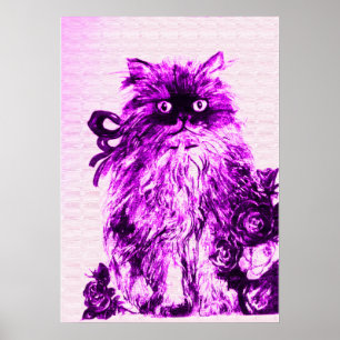 Poster GATINHO COM ROSAS, Roxo Violeta e Branco
