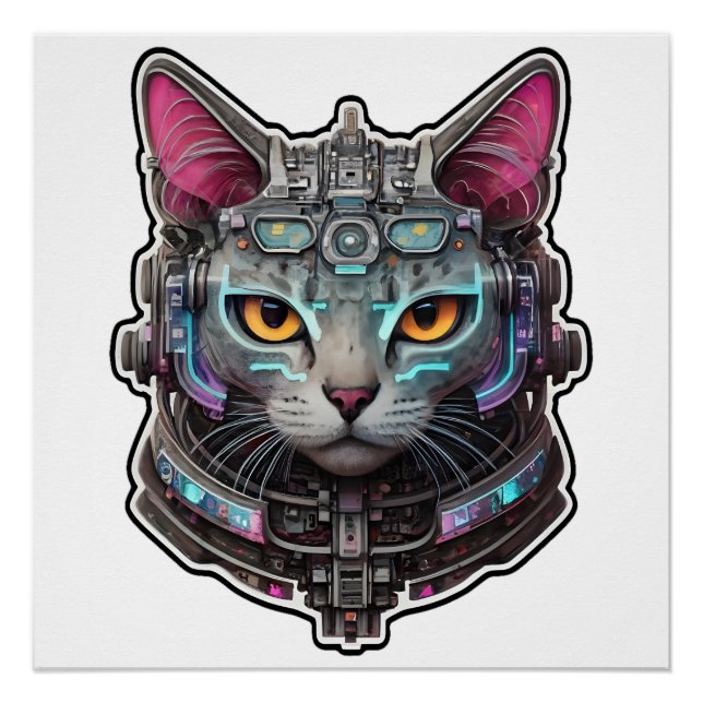 Pôster Gatinho curioso em um capacete cibernético (Frente)