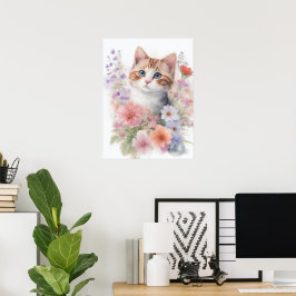 Poster Gatinho de Aquarela Fofo com Floral