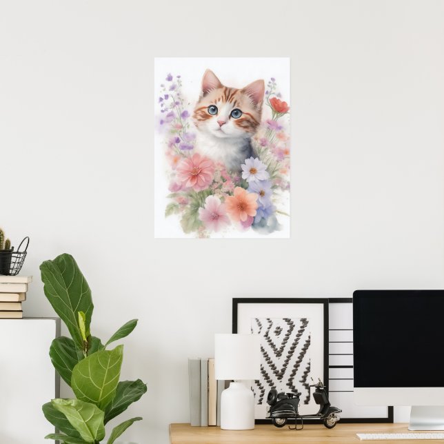 Poster Gatinho de Aquarela Fofo com Floral (Escritório em casa)