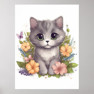 Poster Gatinho de Cinzas bonitas com flores Kawaii Chibi