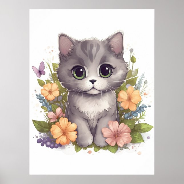 Poster Gatinho de Cinzas bonitas com flores Kawaii Chibi (Frente)