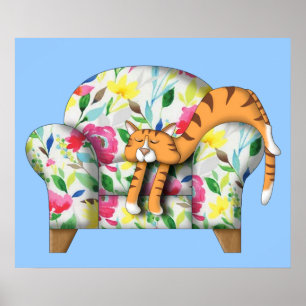 Pôster Gatinho de desenho dormindo em uma cadeira floral