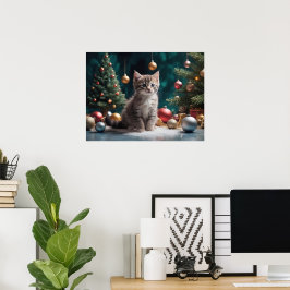 Poster Gatinho de Natal Repleto pela Árvore com Ornamento