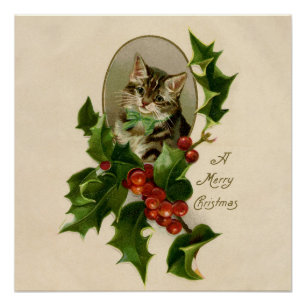 Pôster Gatinho de Natal Vitoriano em Tabby Antigo com Aze