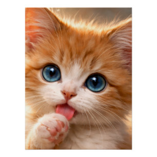 Pôster Gatinho de Olhos Azuis Lambendo a Pata