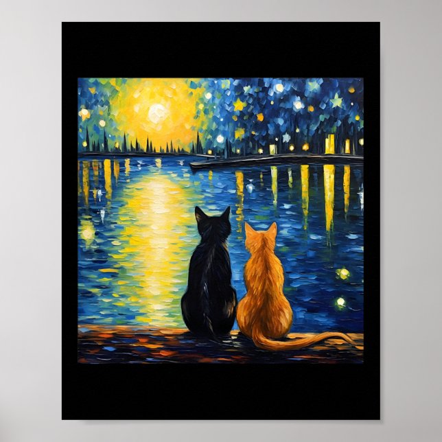 Poster Gatinho de Pintura de Gatos Starry Night Lover (Frente)