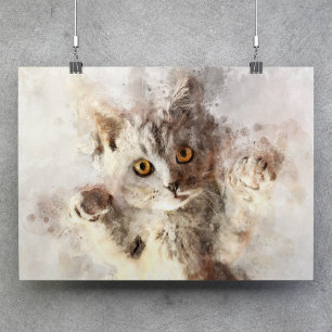Poster Gatinho Divertido em Aquarela com Olhos Amarelos B