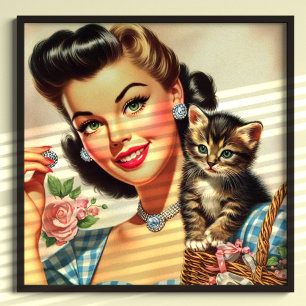 Poster Gatinho e Garota Retro Bonita